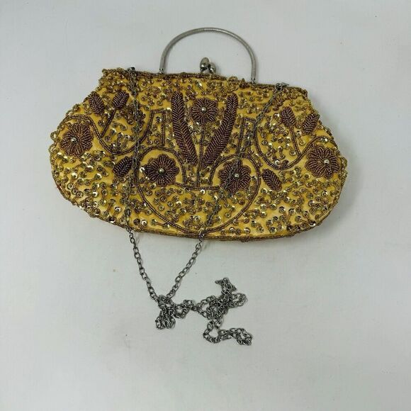 Beaded Sequin Gold Kiss Lock Satin‎ Interior, Chain Strap Evening Bag Handbag - Picture 2 of 8